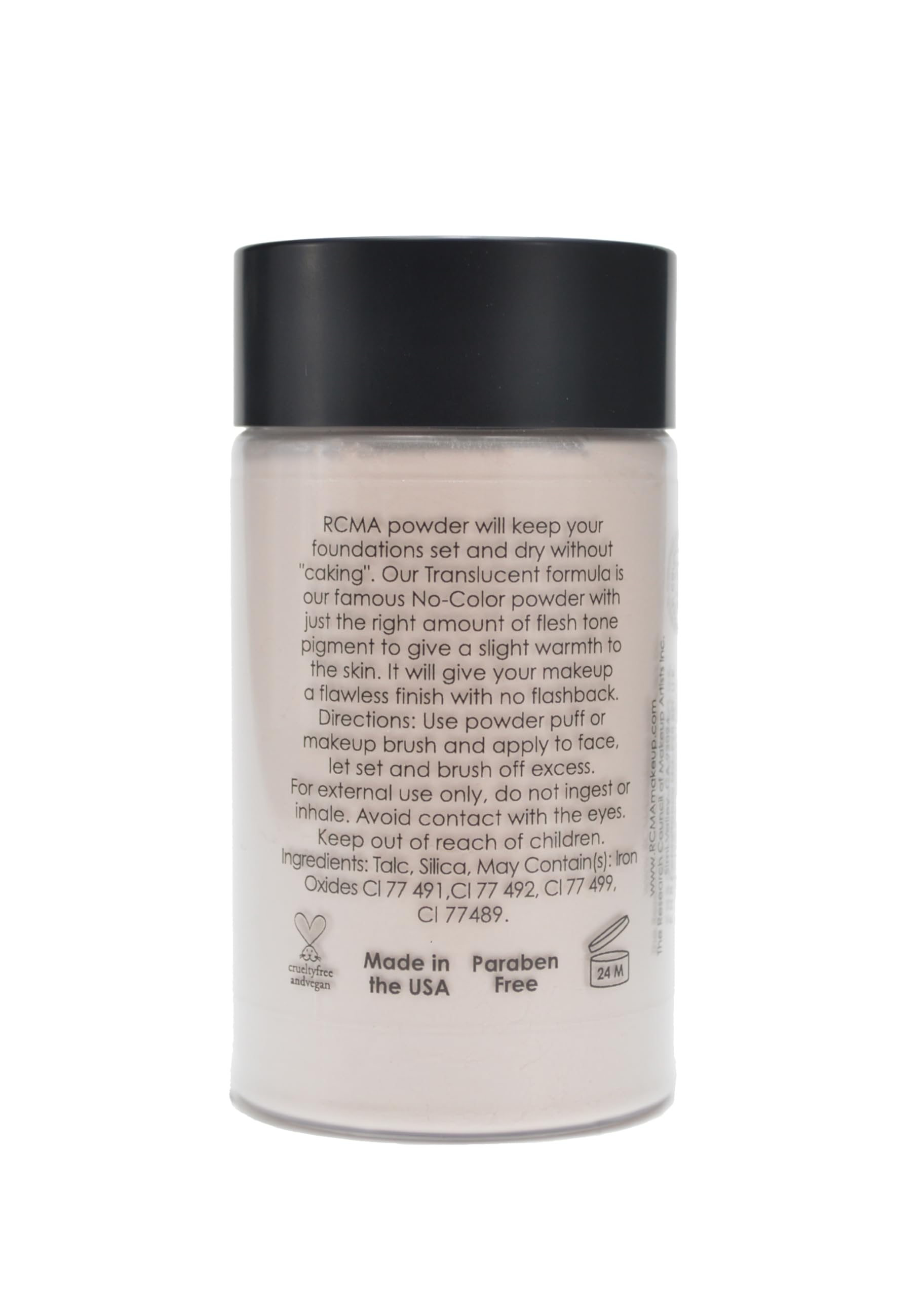 RCMA Makeup brush applying powder to face for even, long-lasting matte finish benefit