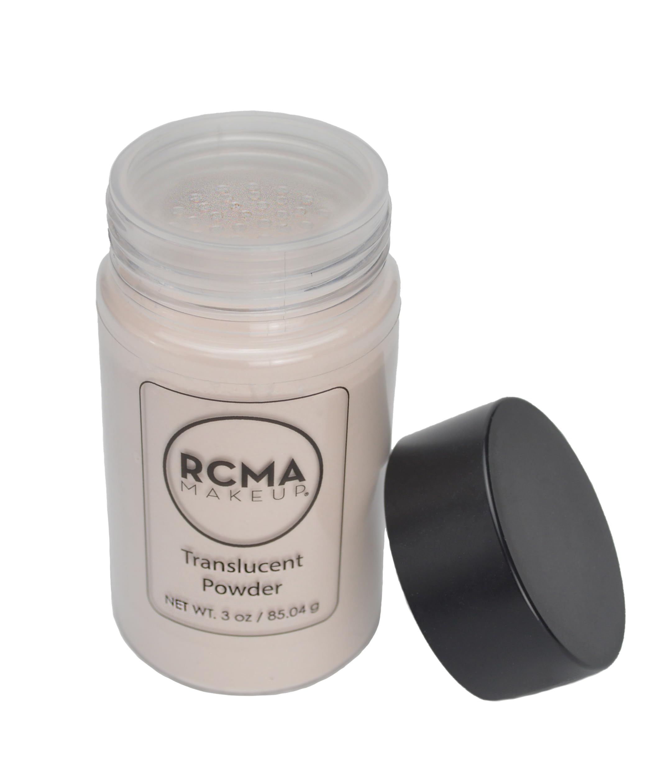 RCMA Makeup jar held in hand to show 3oz size and portability for travel convenience