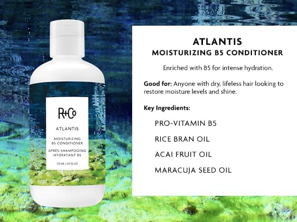 R+Co ATLANTIS on bathroom shelf with towels showing salon-style routine benefit