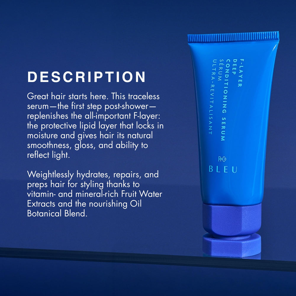 R+Co BLEU F‑Layer texture droplet highlighting lightweight, non‑greasy finish