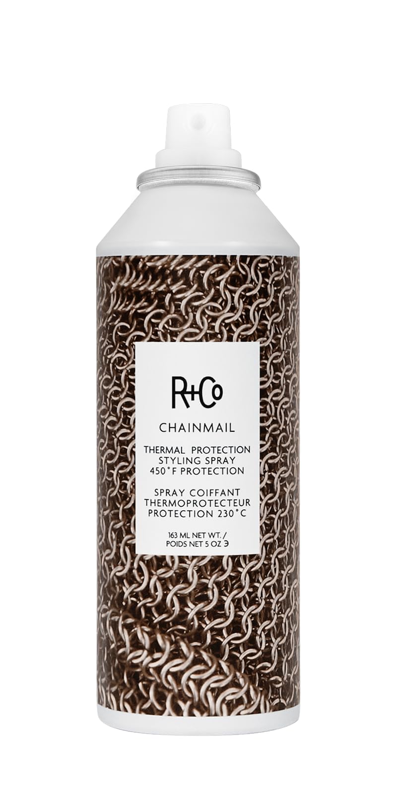 R+Co CHAINMAIL front packaging showing the spray bottle and label, protective styling benefit