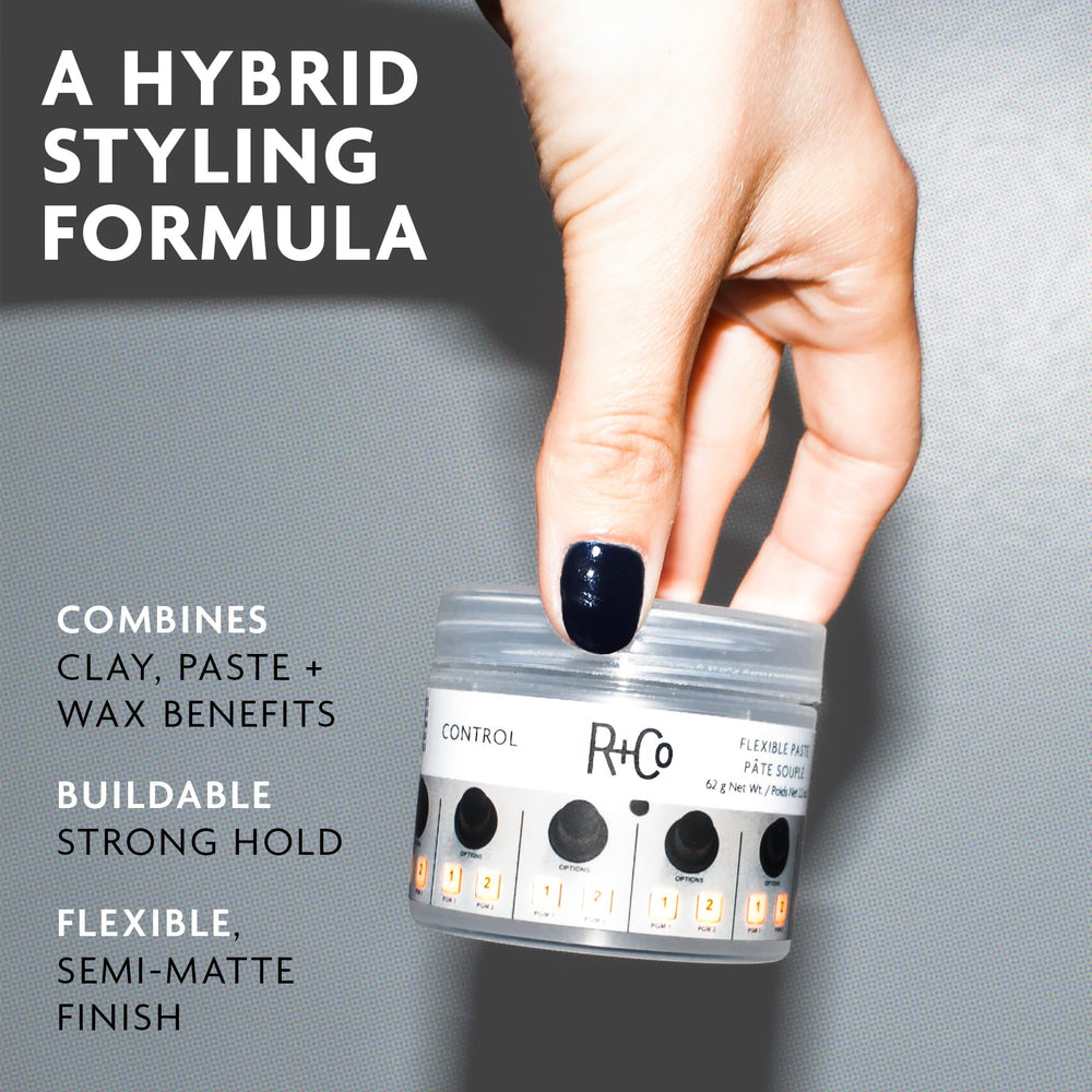 R+Co CONTROL paste on palms demonstrating ease of spread and buildable hold
