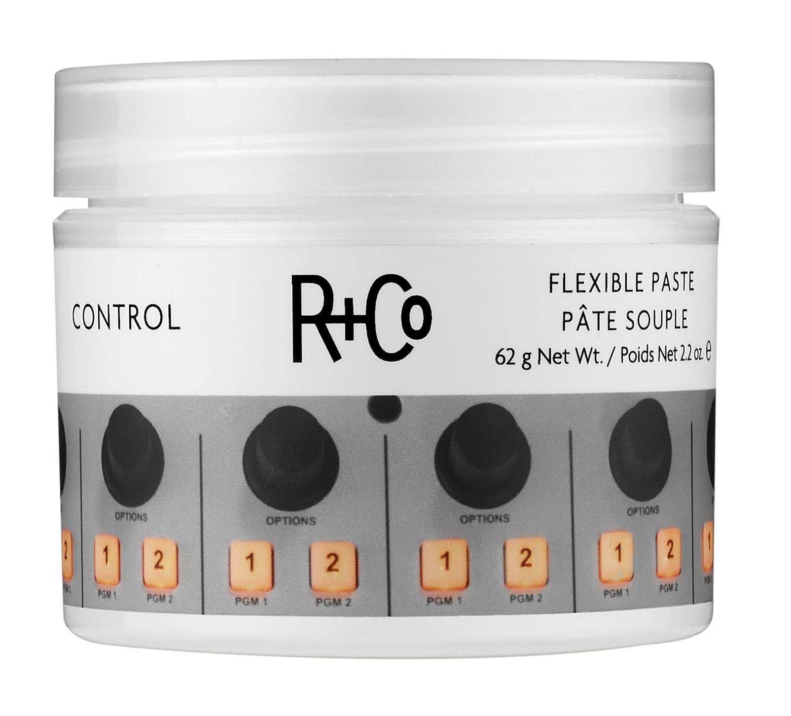 R+Co CONTROL paste front jar showing label and size benefit: clear product identity