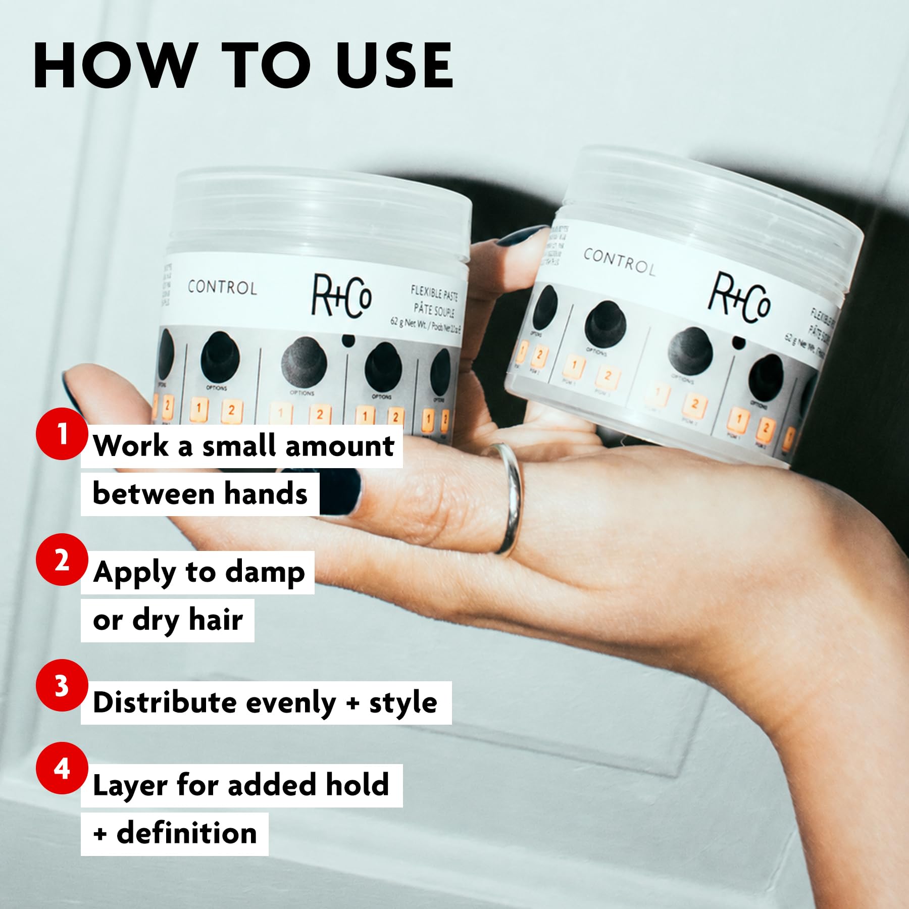 R+Co CONTROL ingredient display with mango and aloe illustrating conditioning benefits