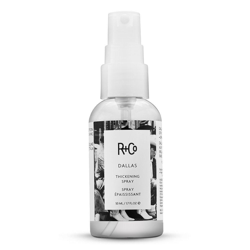 R+Co Dallas front packaging shows travel 1.7 oz bottle and communicates portability and volume