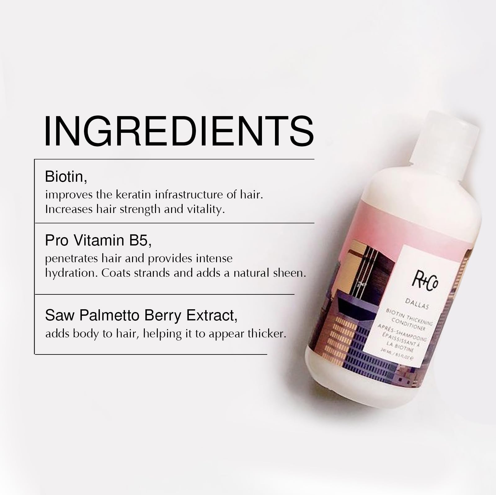 R+Co Dallas side label closeup showing vegan, sulfate- and paraben-free claims
