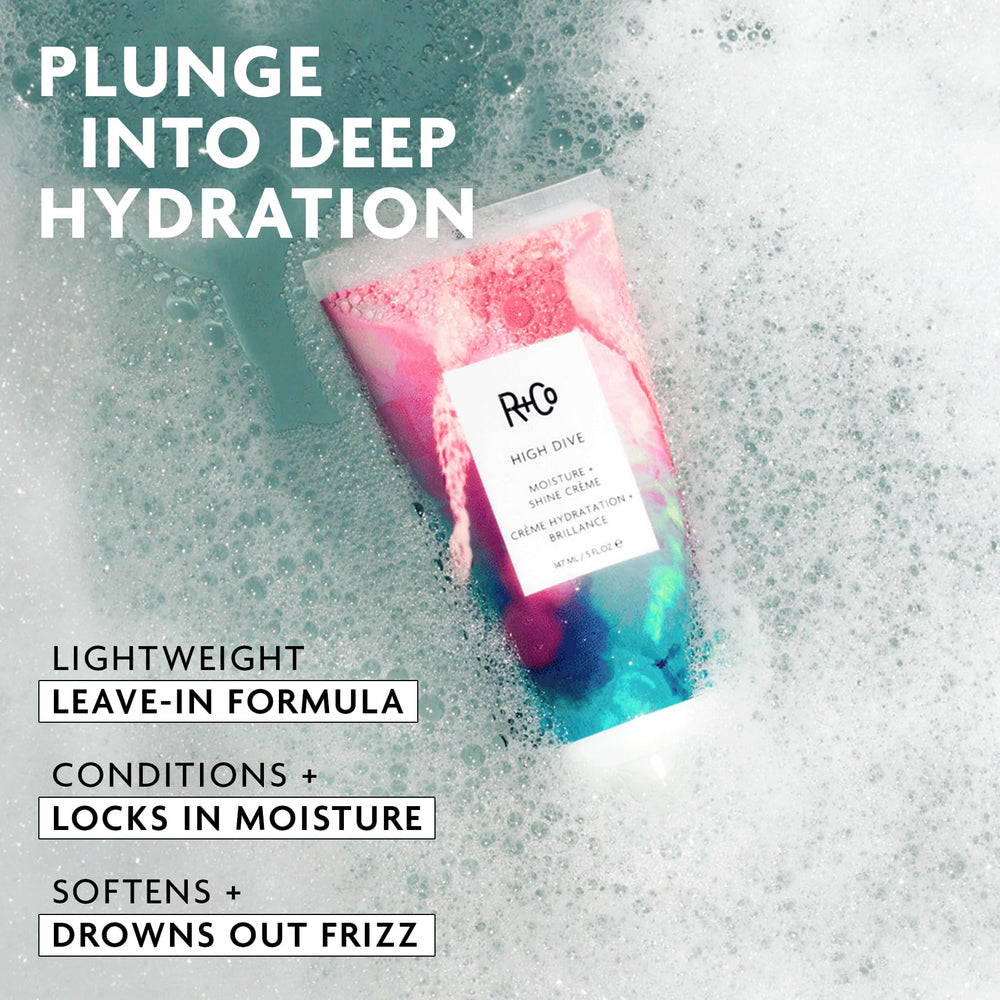 R+Co High Dive cream texture close-up showing smooth formula for quick absorption