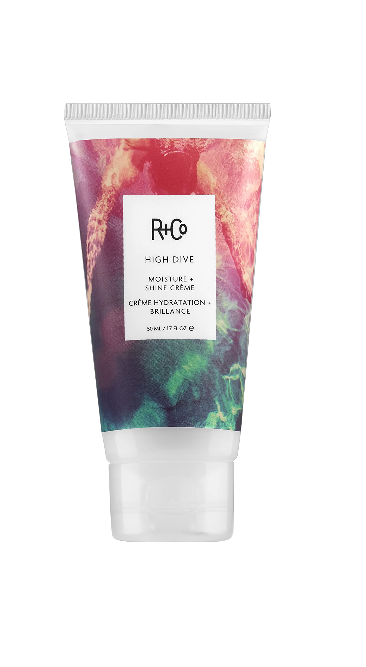 R+Co HIGH DIVE front jar shot showing packaging and compact travel size benefit