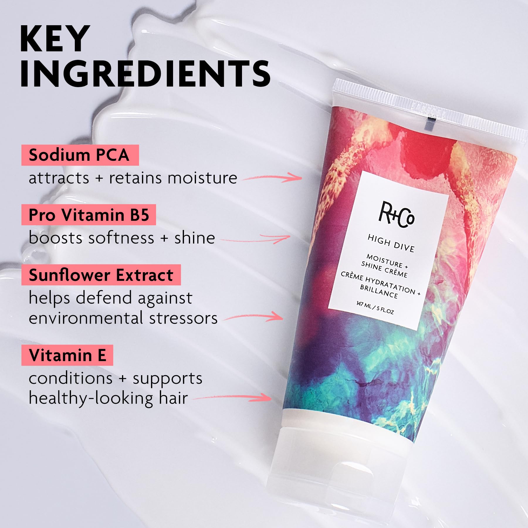 R+Co High Dive in hand being applied for softening and frizz control