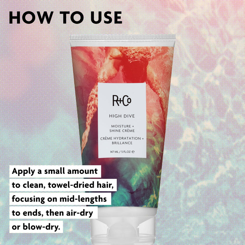 R+Co High Dive ingredients label close-up showing key hydrating components