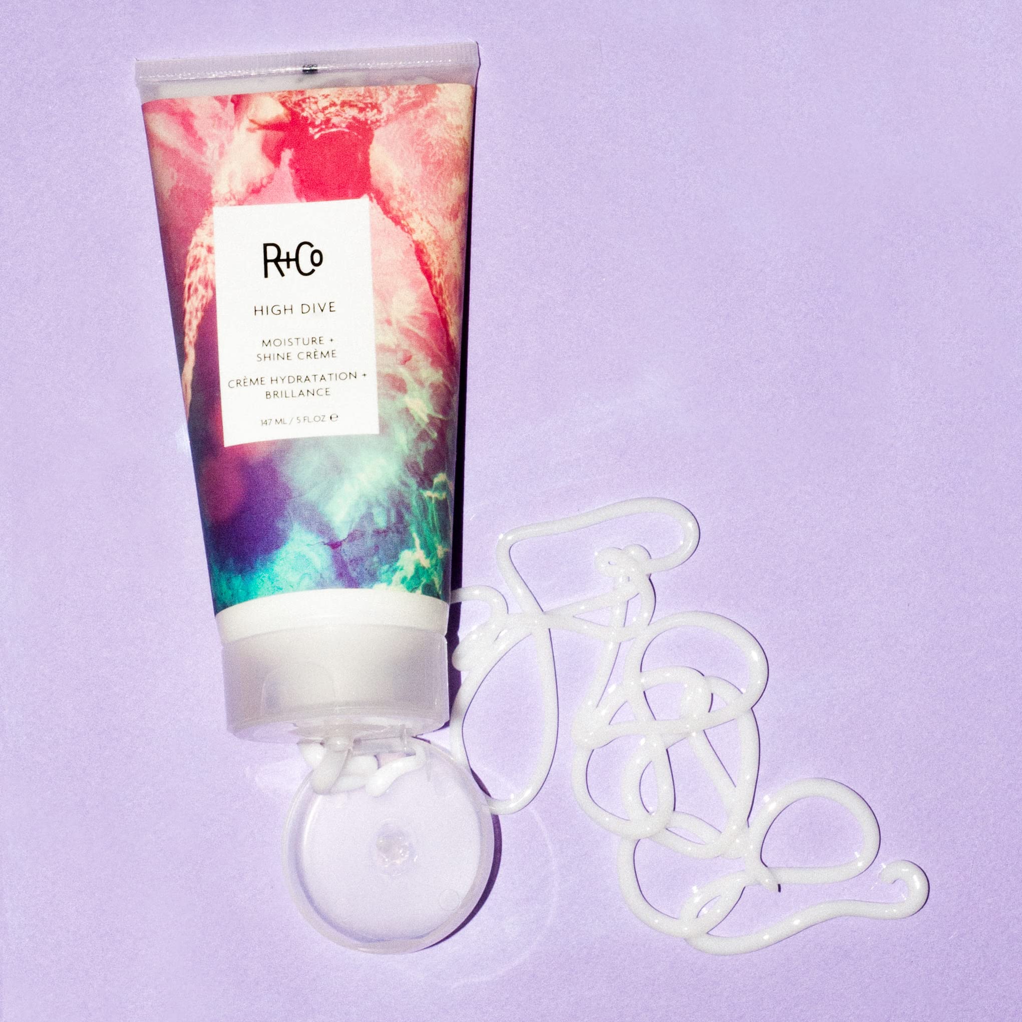 R+Co HIGH DIVE label close-up highlighting ingredient and protection benefits
