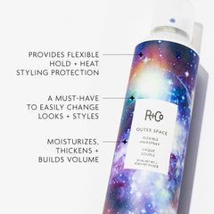 R+Co OUTER SPACE spray close-up capturing mist texture for touchable, buildable hold