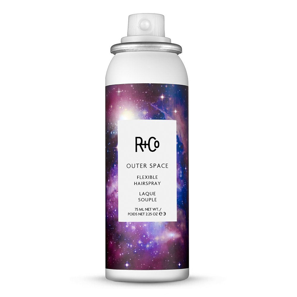 R+Co OUTER SPACE front packaging showing bottle and rosy eyed label beneficial for travel