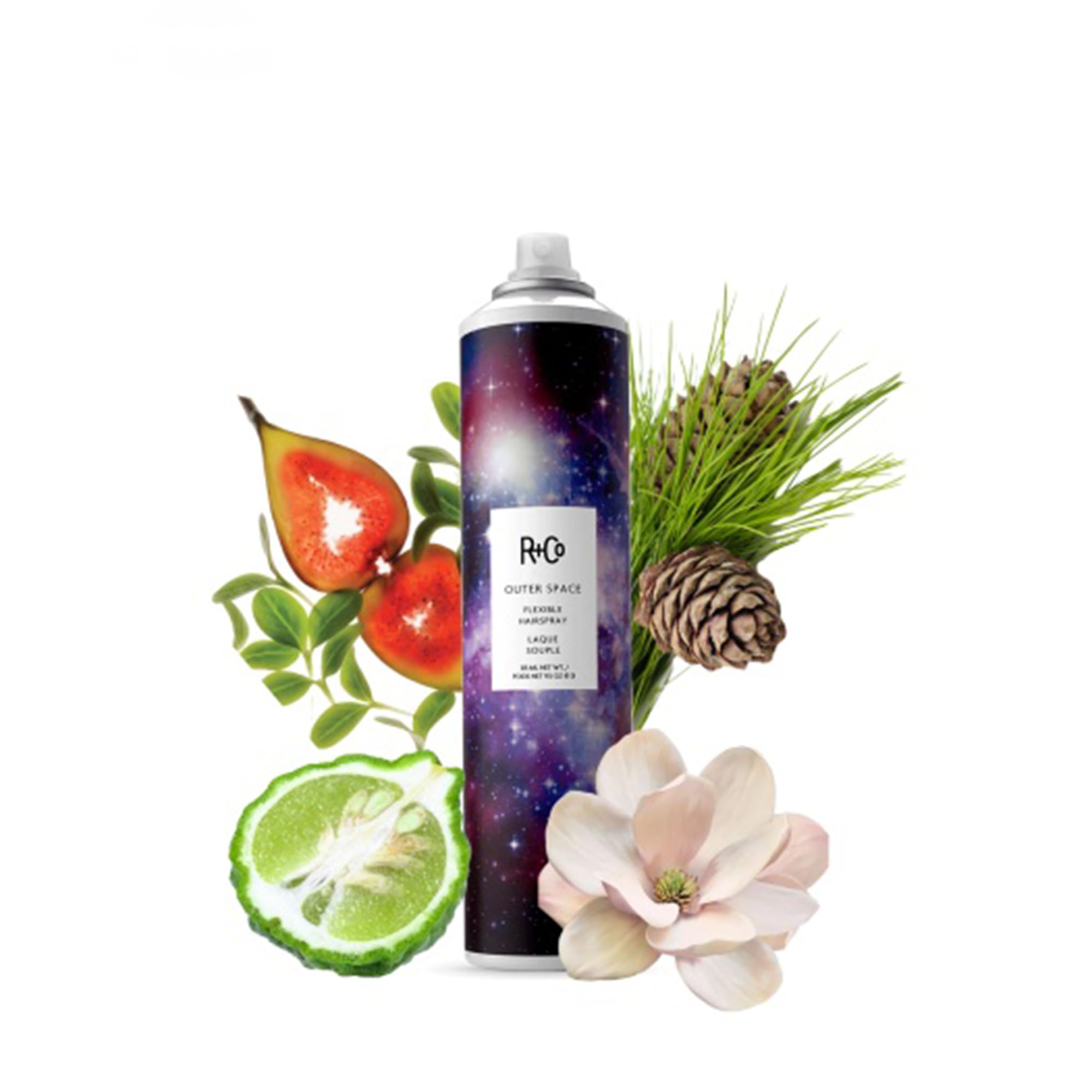 Close-up of R+Co OUTER SPACE label highlighting conditioning and protection ingredients