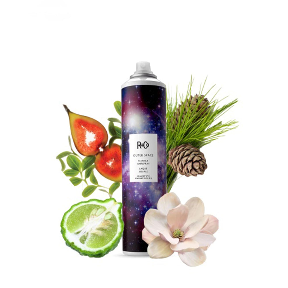 Close-up of R+Co OUTER SPACE label highlighting conditioning and protection ingredients