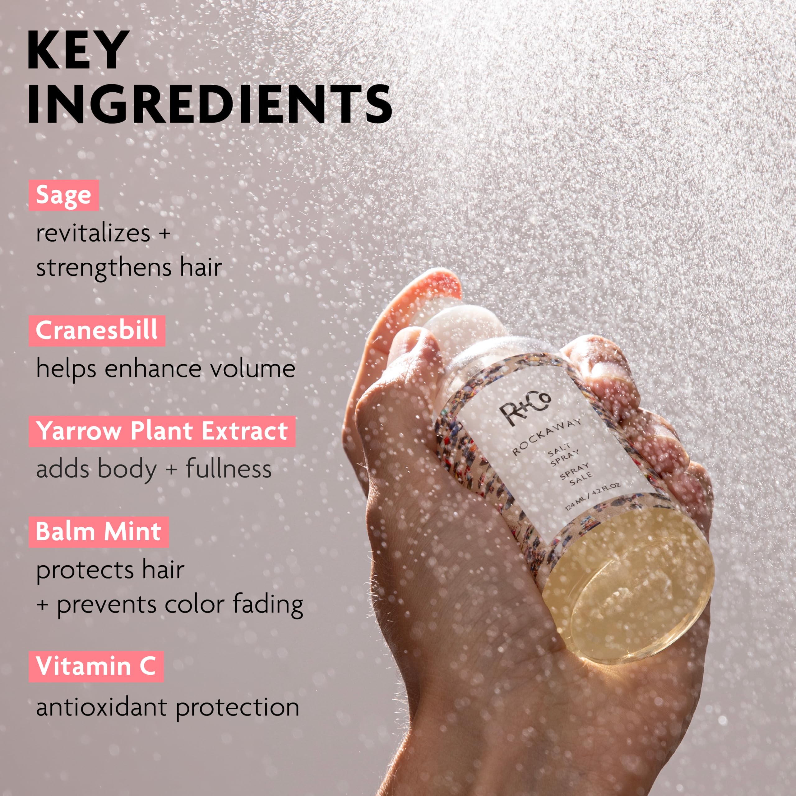 R+Co Rockaway spritz action on hair showing instant tousle and beachy wave result