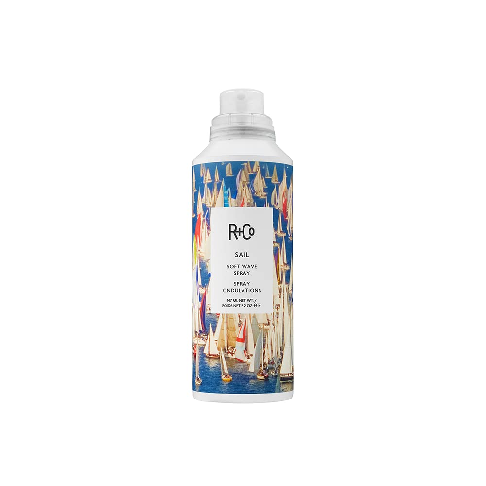 R+Co SAIL front bottle view showing lightweight spray for shiny soft waves