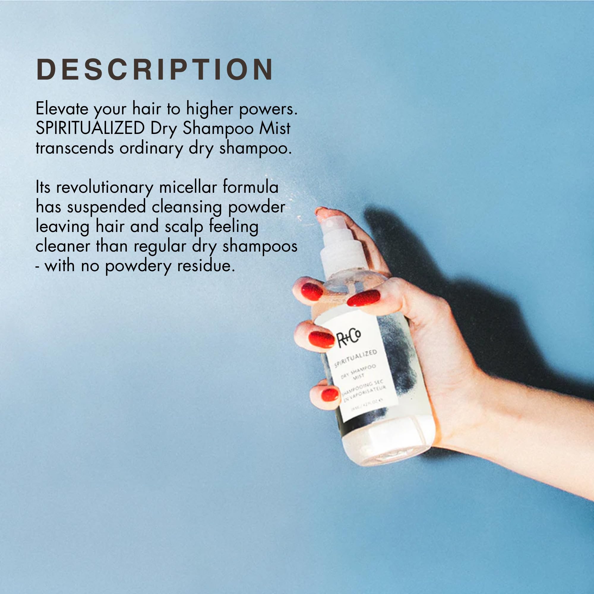 Close-up mist texture from R+Co showing fine spray for gentle oil absorption