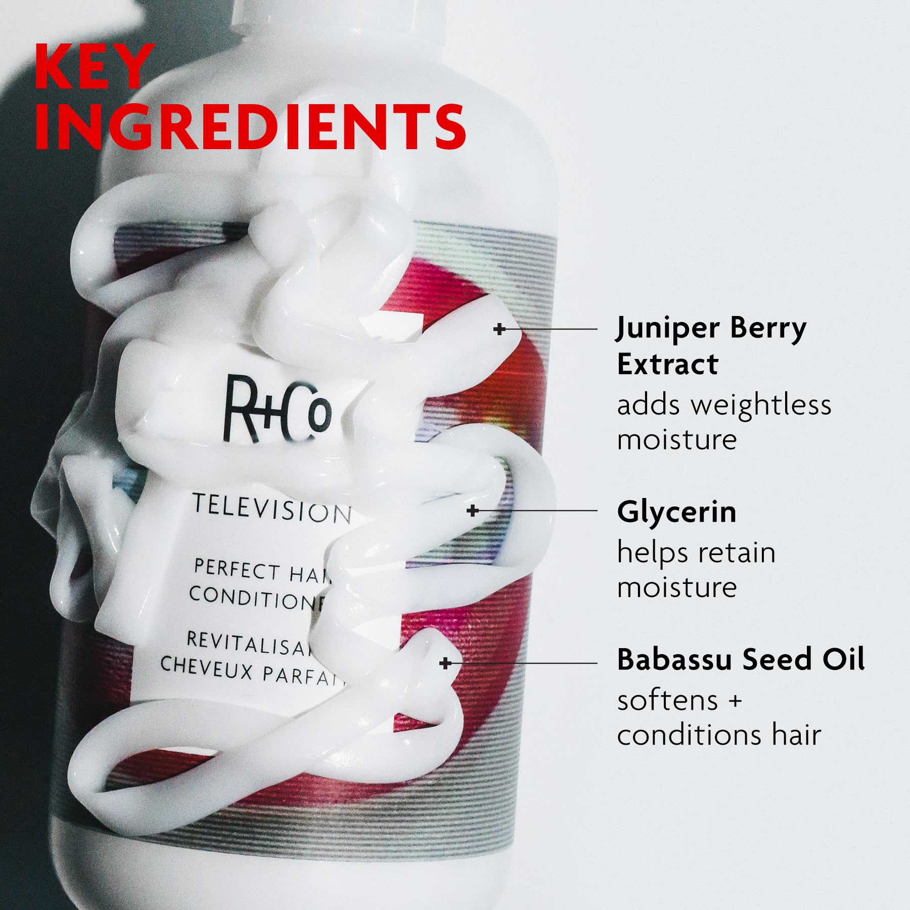 R+Co TELEVISION angled side view showing bottle design and sustainable PCR packaging