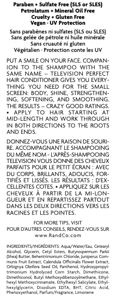 R+Co TELEVISION ingredients label close-up showing clean-formula benefit