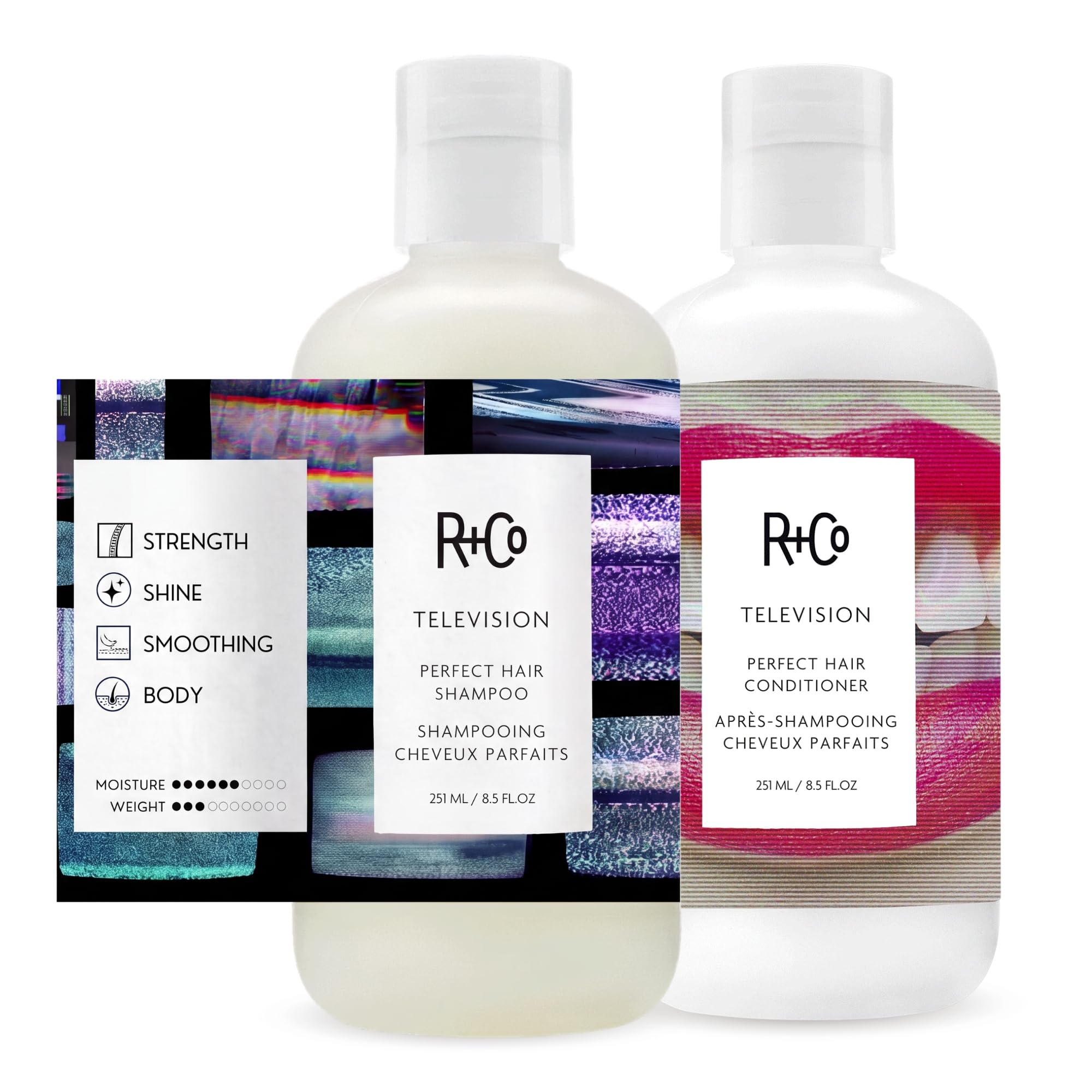 R+Co Television front packaging showing two 8.5oz bottles and clear branding, professional finish
