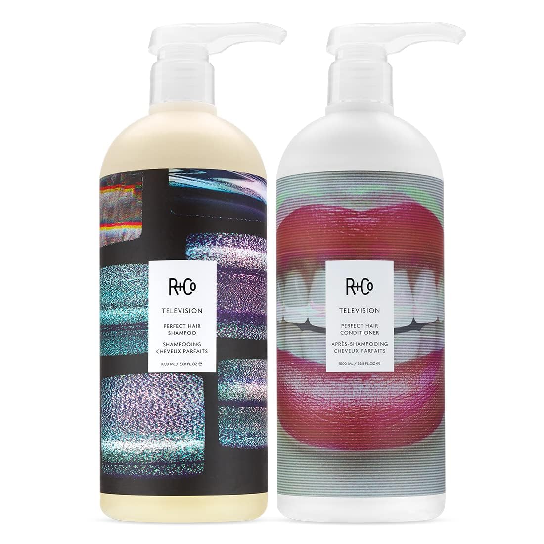 R+Co Television front packaging showing liter shampoo and conditioner for salon results
