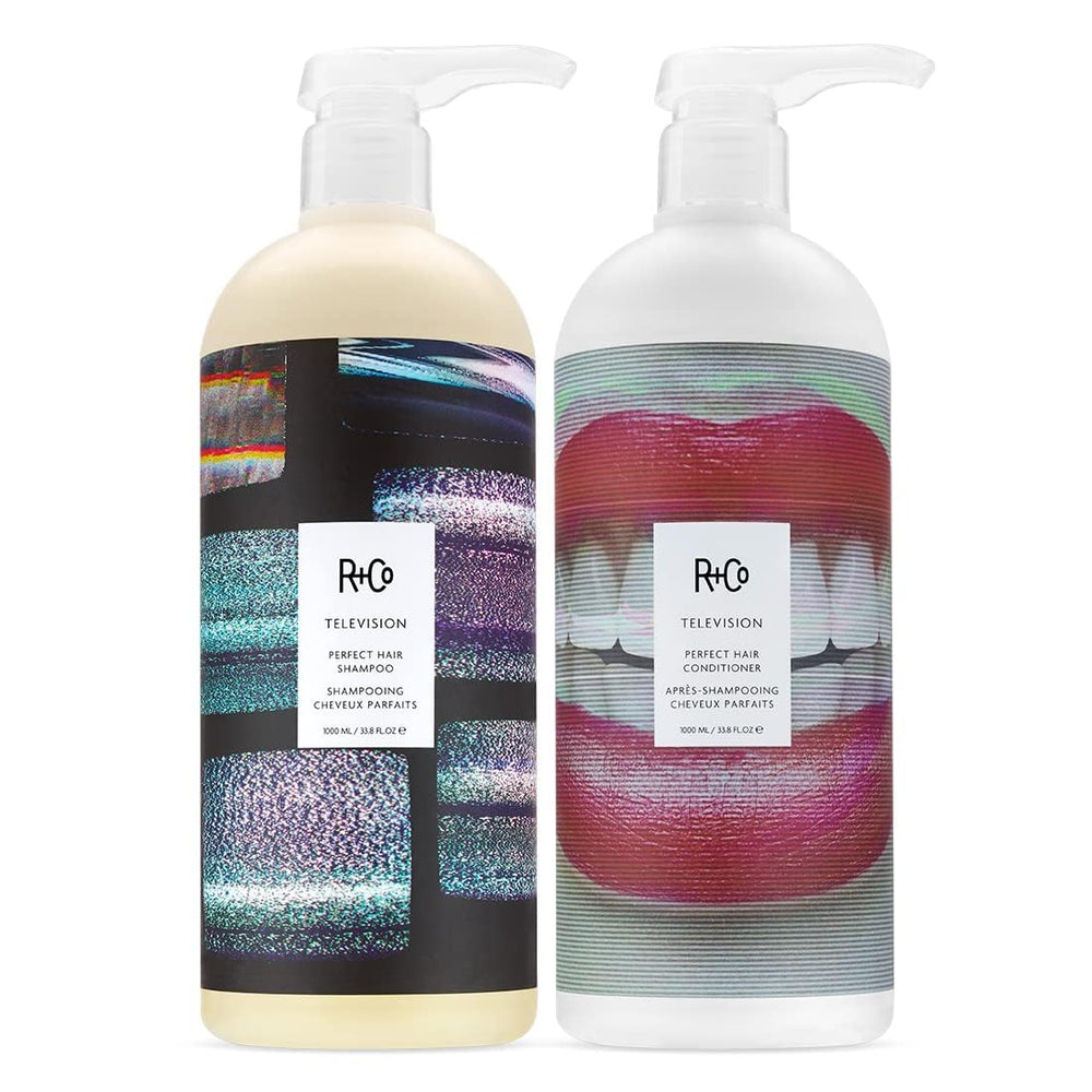 R+Co Television front packaging showing liter shampoo and conditioner for salon results