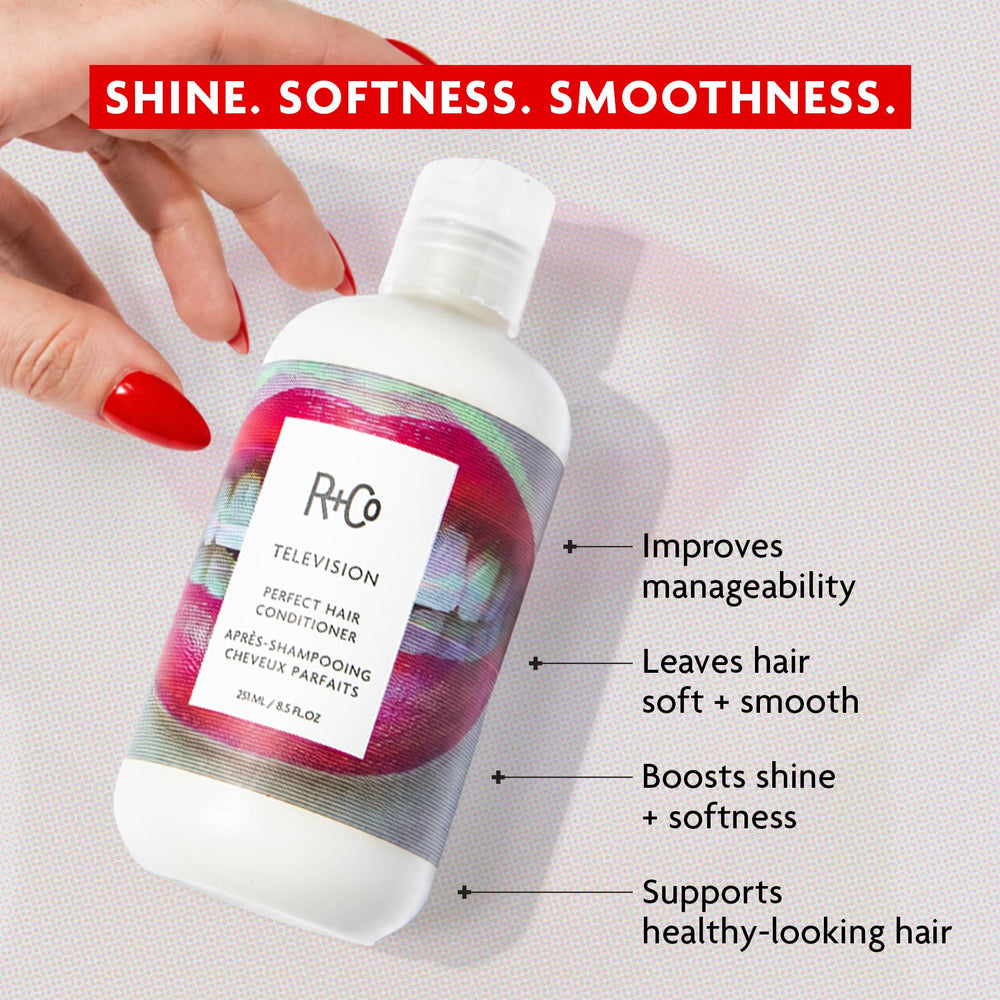 R+Co TELEVISION pump and label detail highlighting ingredients and directions