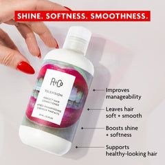 R+Co TELEVISION pump and label detail highlighting ingredients and directions