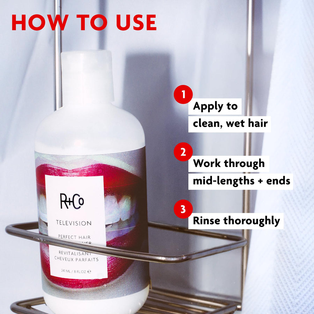 R+Co TELEVISION bottle next to hand to show 8.5 fl oz size for scale