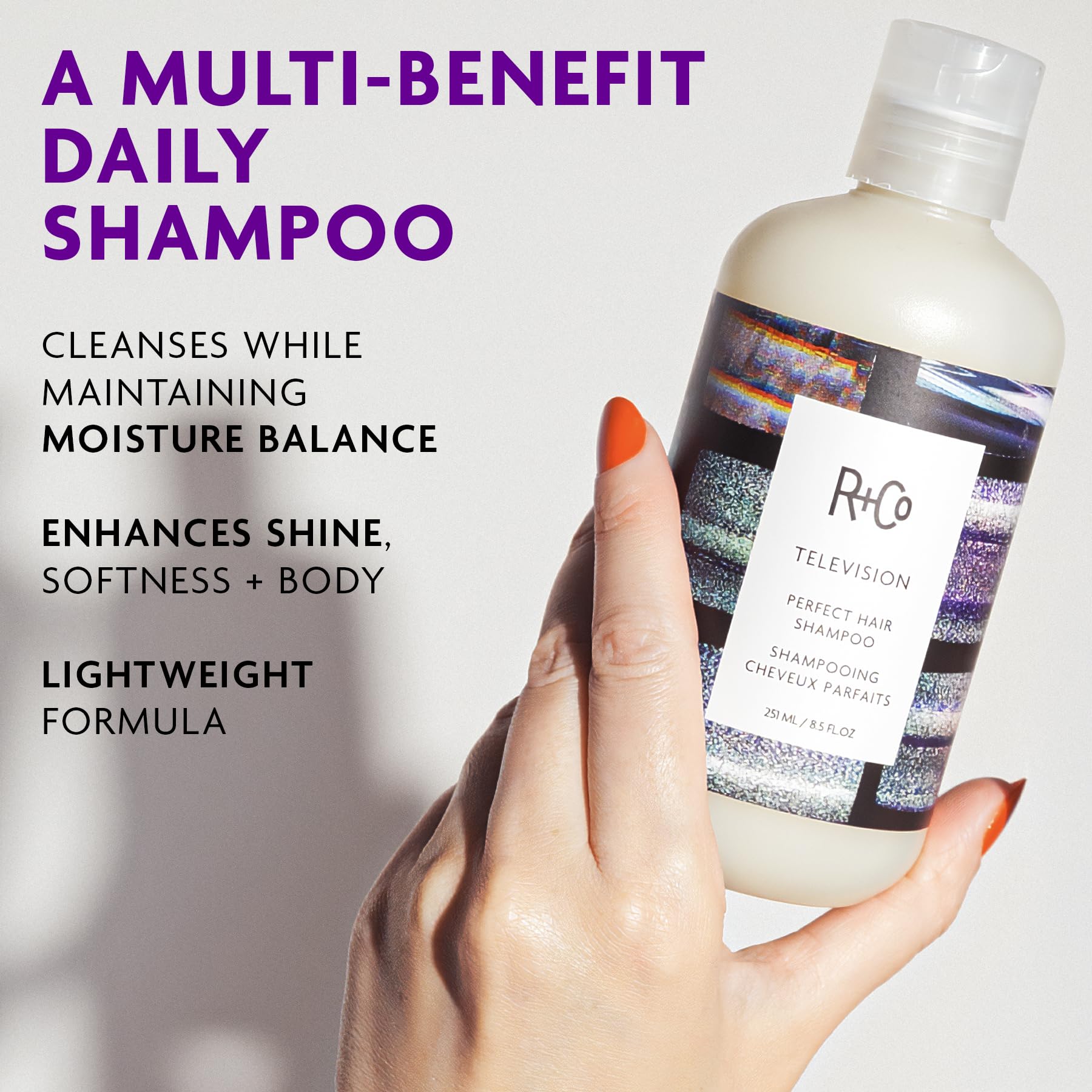 R+Co TELEVISION creamy foam close-up demonstrating gentle lather and effective cleanse