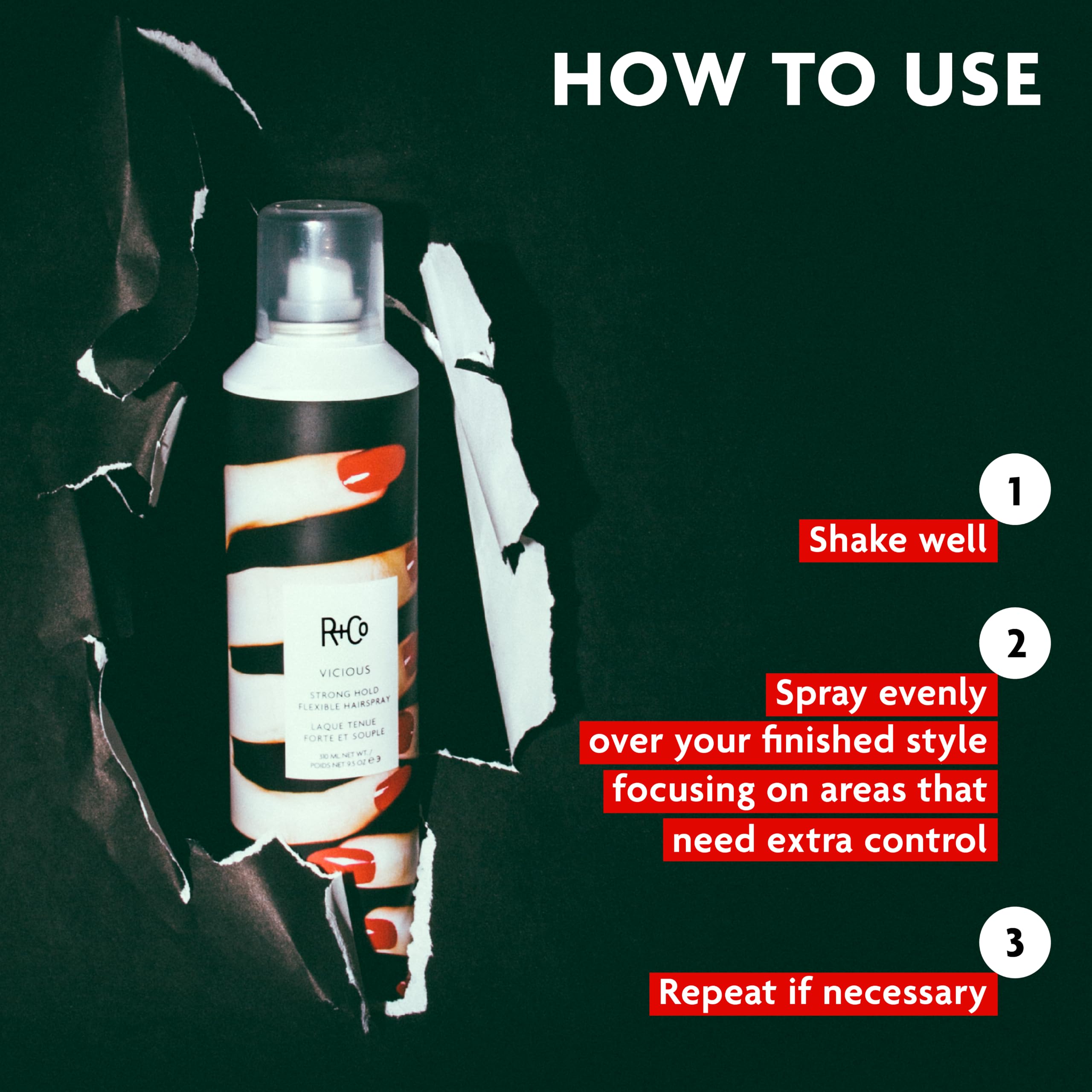 R+Co VICIOUS label close-up showing key ingredients and benefits