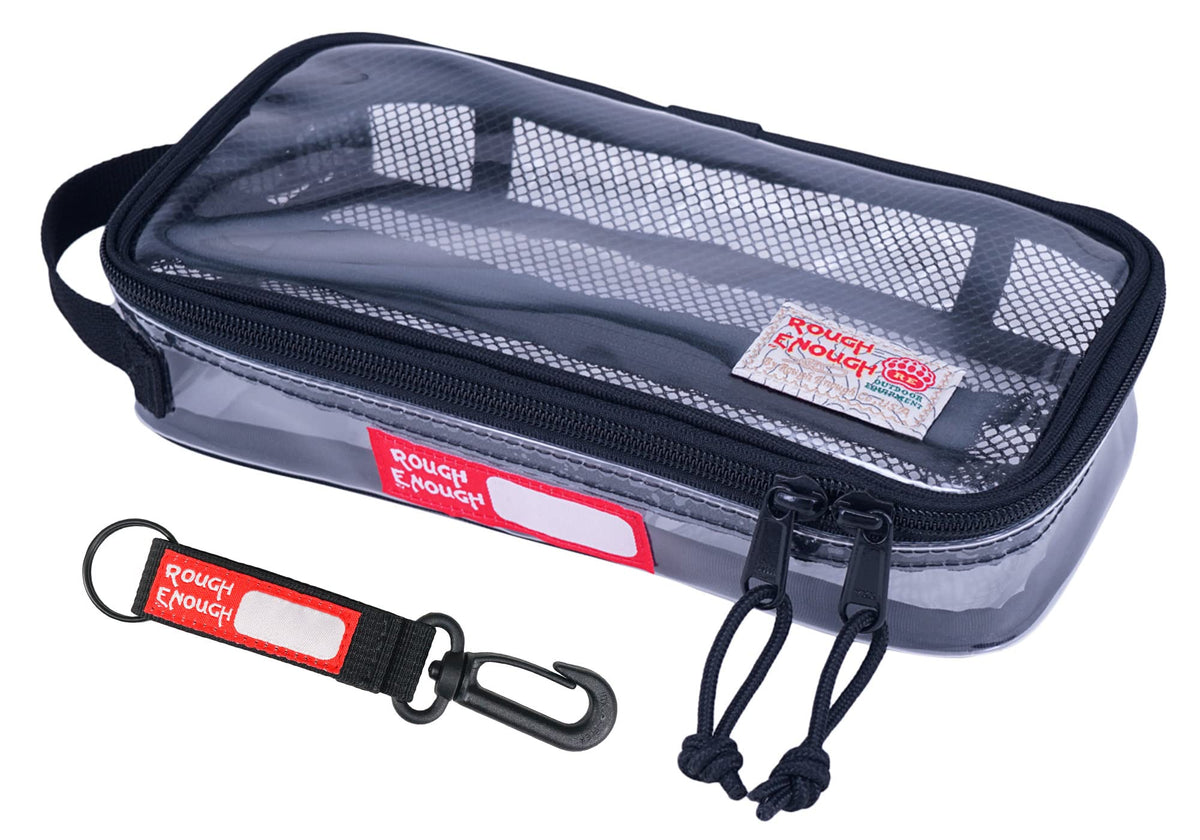 RE ROUGH ENOUGH front view showing clear pouch and compact size benefit
