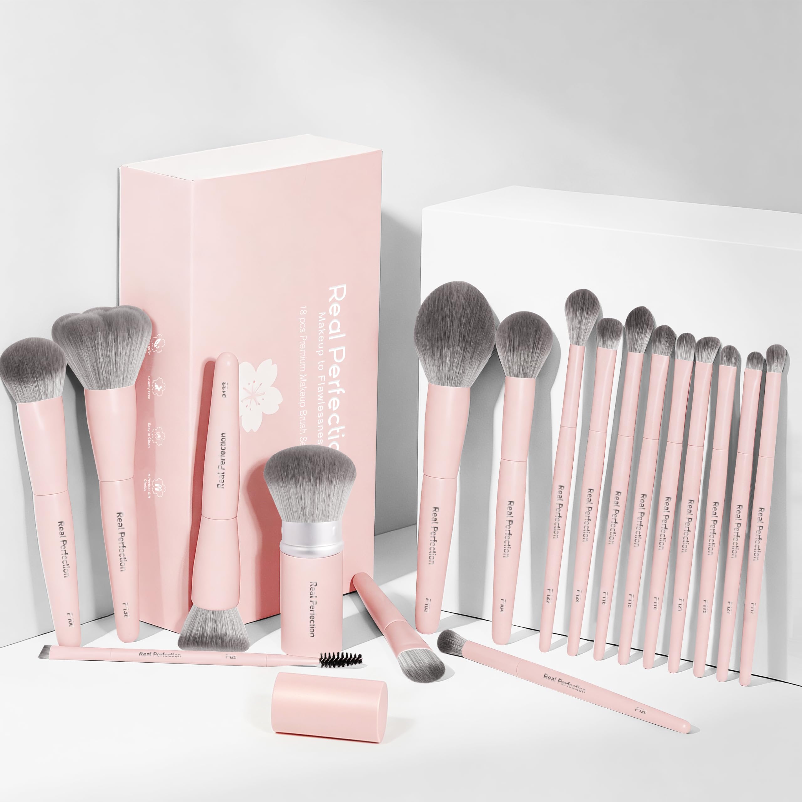Real Perfection full 18-piece brush set laid out for comprehensive use