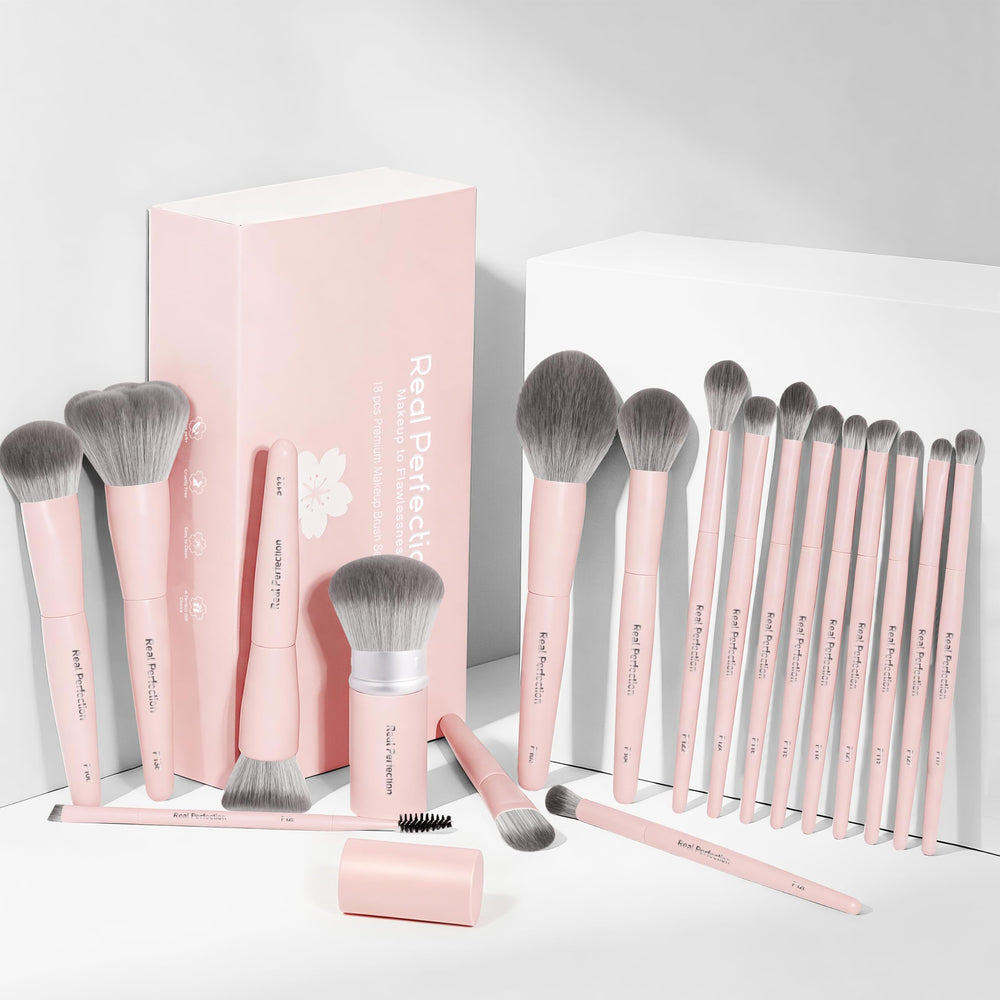 Real Perfection full 18-piece brush set laid out for comprehensive use