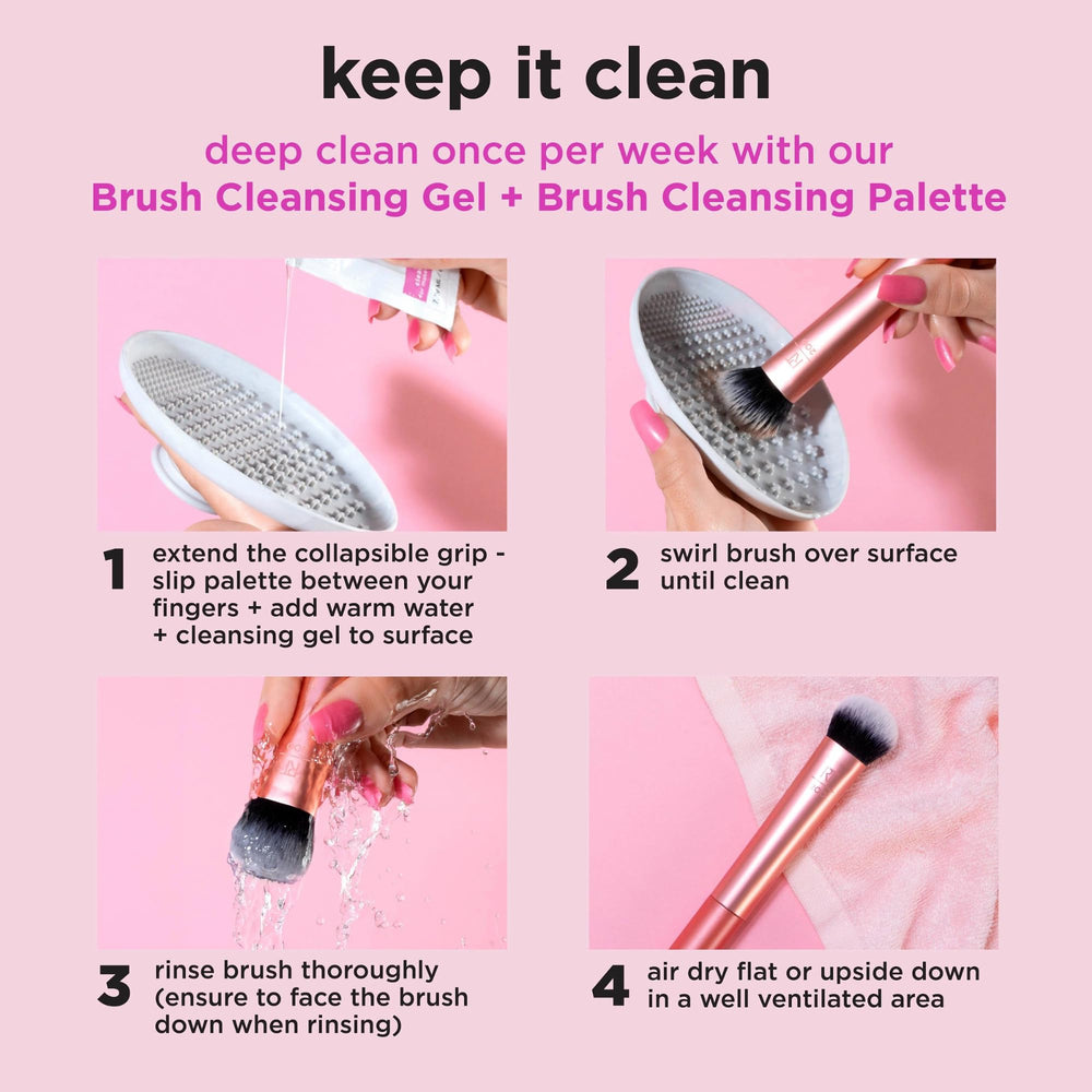 Real Techniques fan brush applying highlight for subtle luminous effect