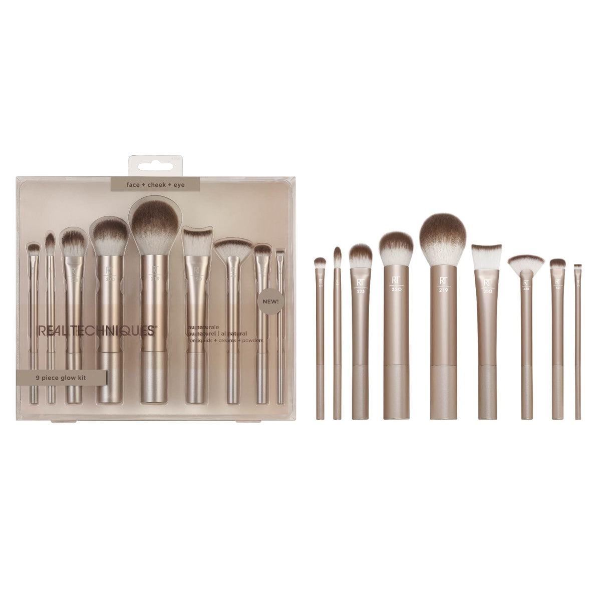Real Techniques front packaging showing all nine brushes and brand clarity