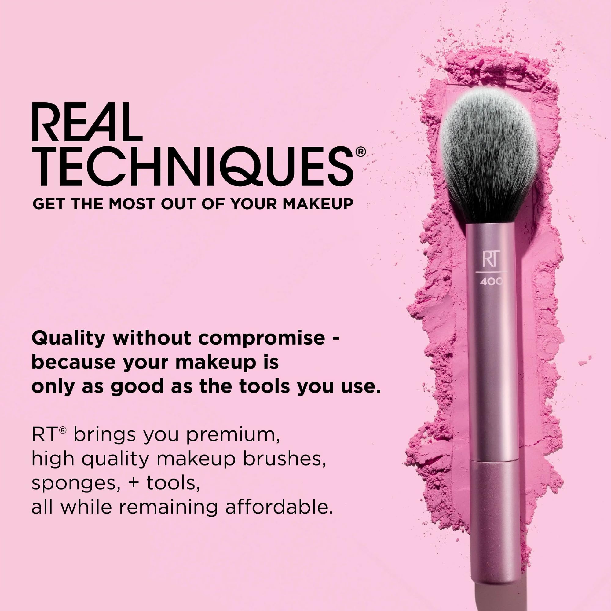 Real Techniques label and aluminum ferrule highlighting vegan cruelty-free materials