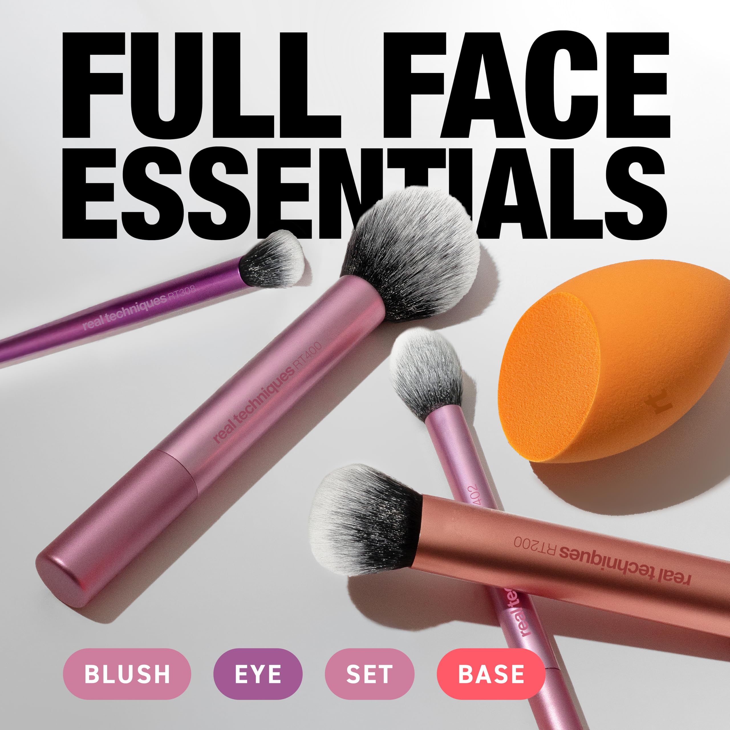 Real Techniques brushes arranged flatlay illustrating tool variety and versatility
