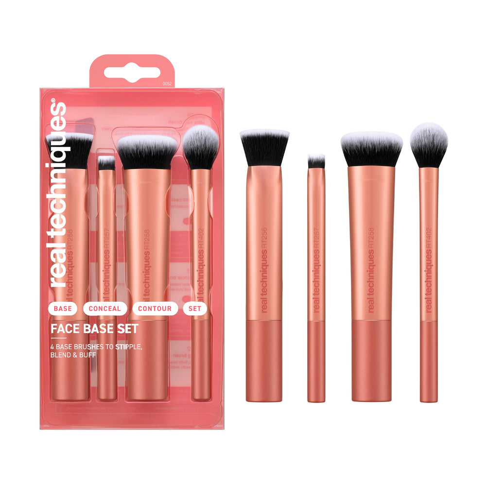 Real Techniques front packaging showing four brushes and branding benefit travel-ready kit