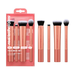 Real Techniques front packaging showing four brushes and branding benefit travel-ready kit