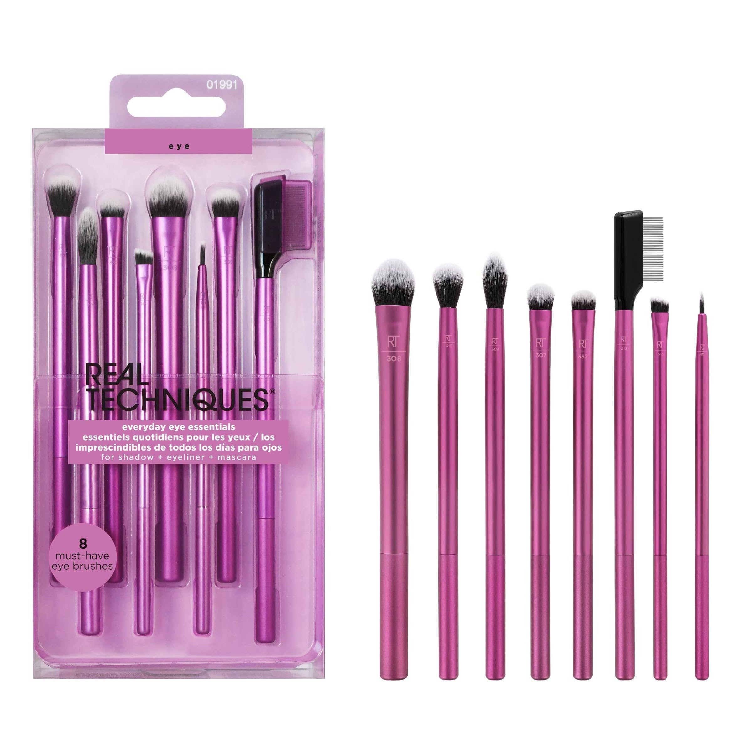 Real Techniques front packaging showing eight-piece eye brush kit benefits