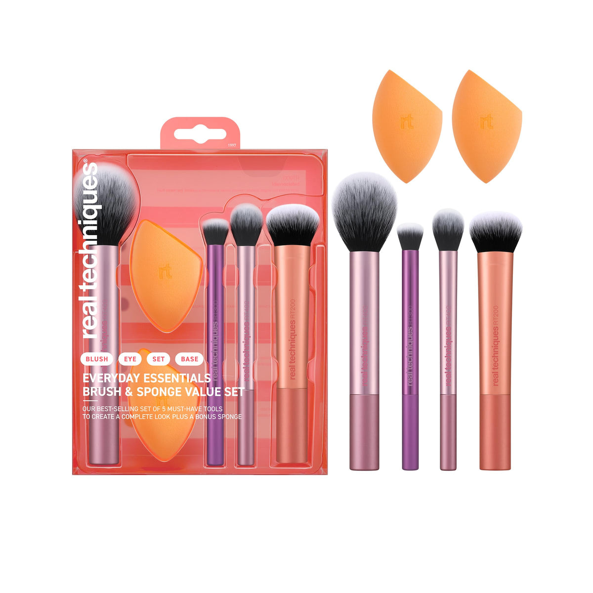 Real Techniques front packaging showing full 6-piece kit and benefits