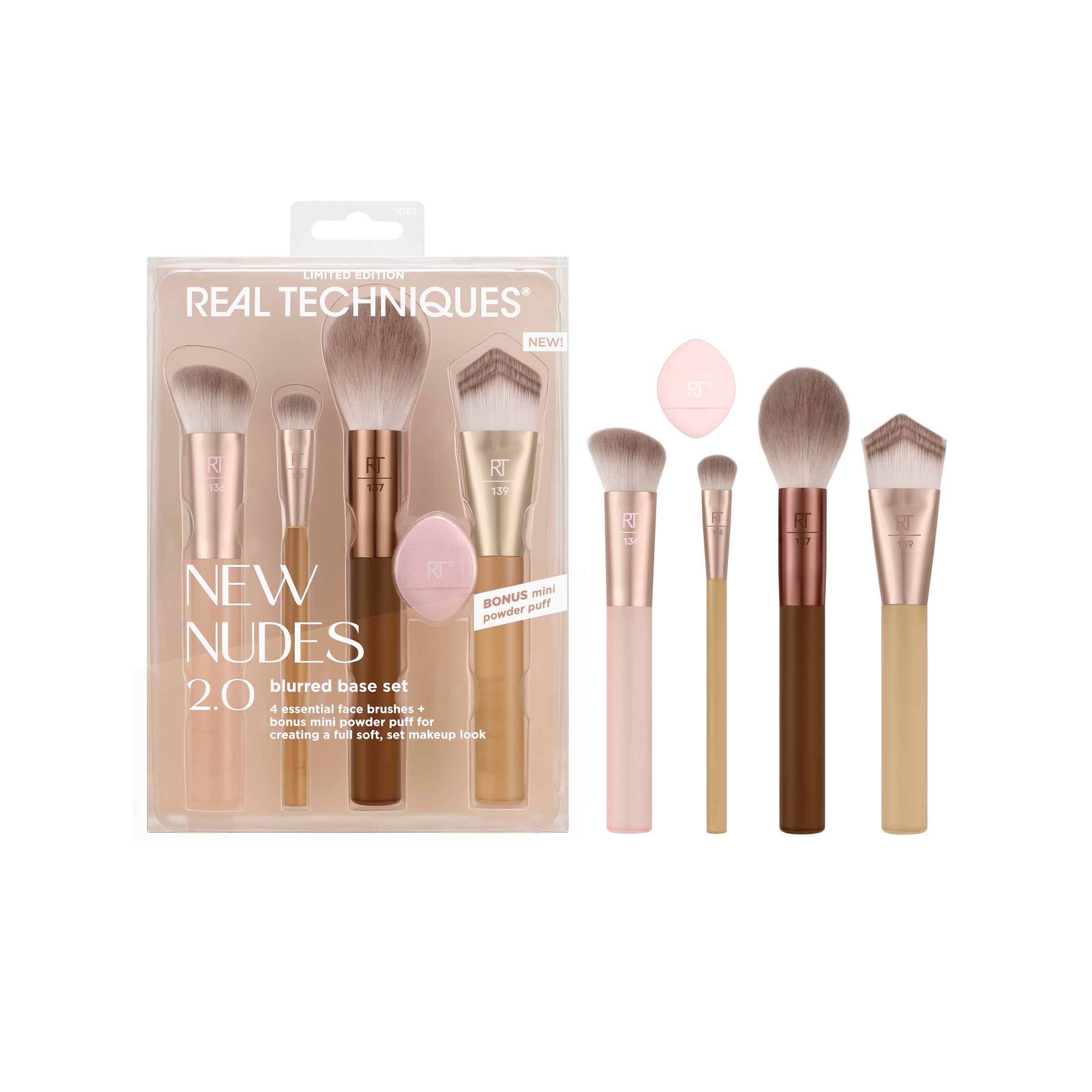 Real Techniques kit front packaging showing brushes and puff, ideal for full face base