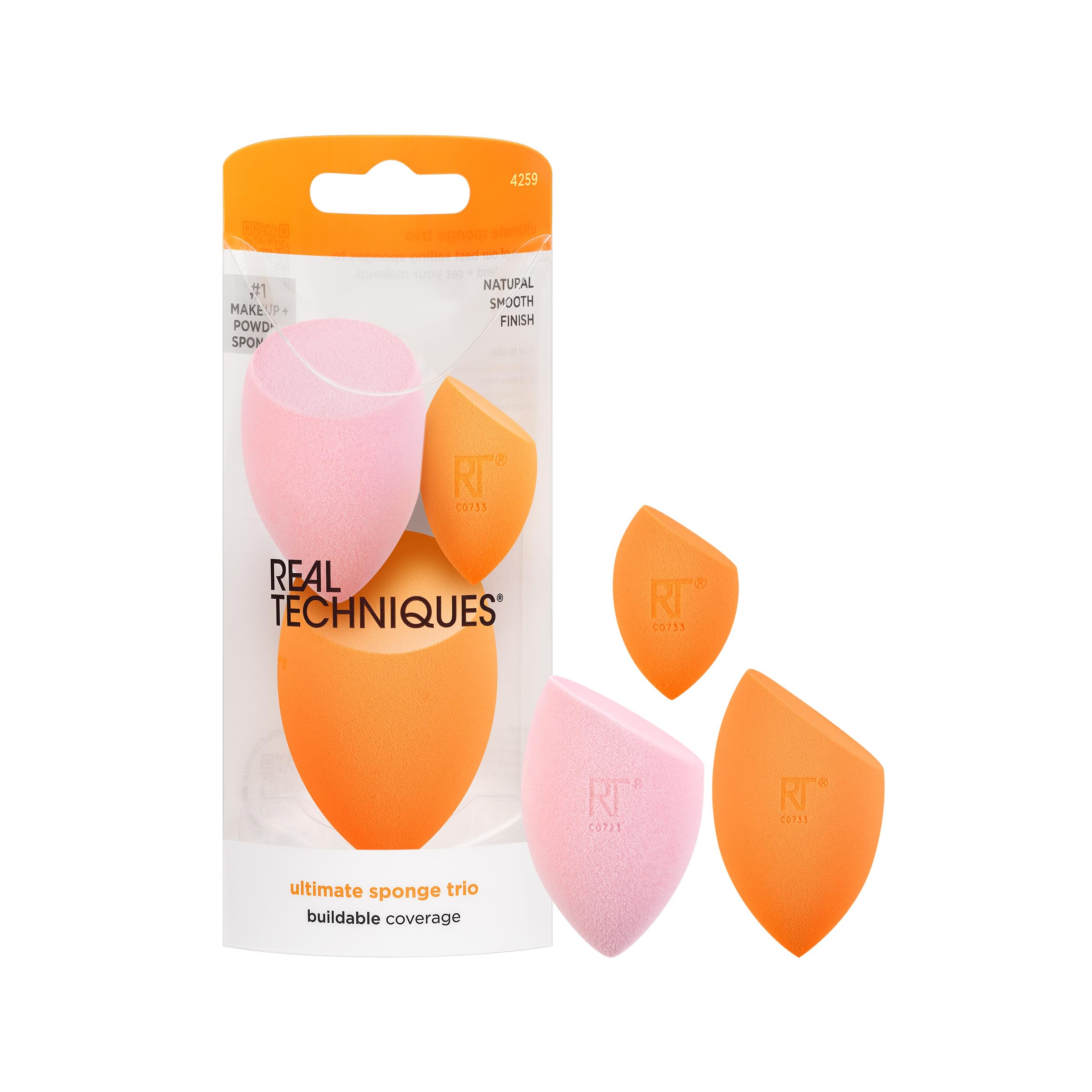 Real Techniques front packaging showing three sponges and brand storage benefit