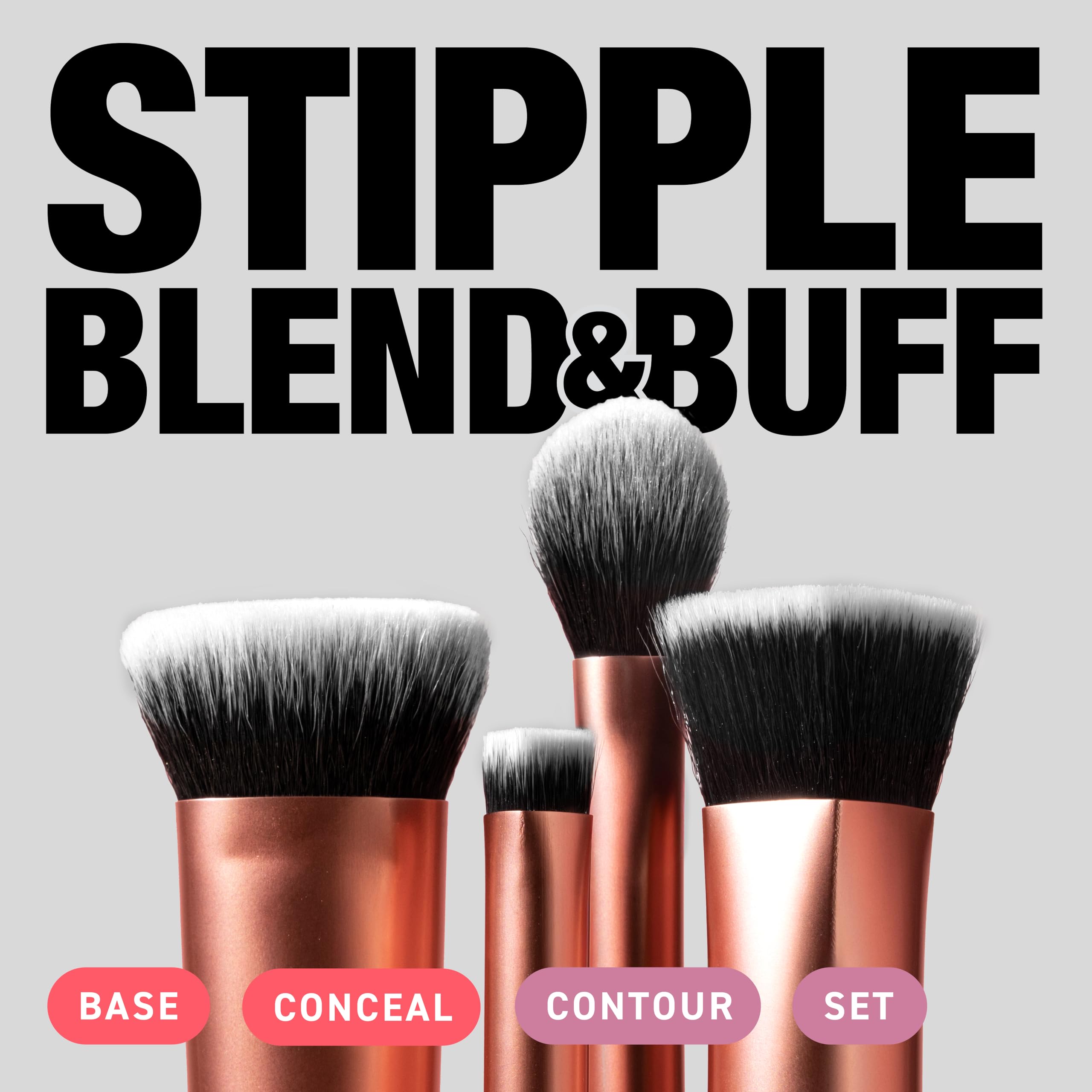 Real Techniques Ultra Buff brush close-up showing dense bristles for flawless blending