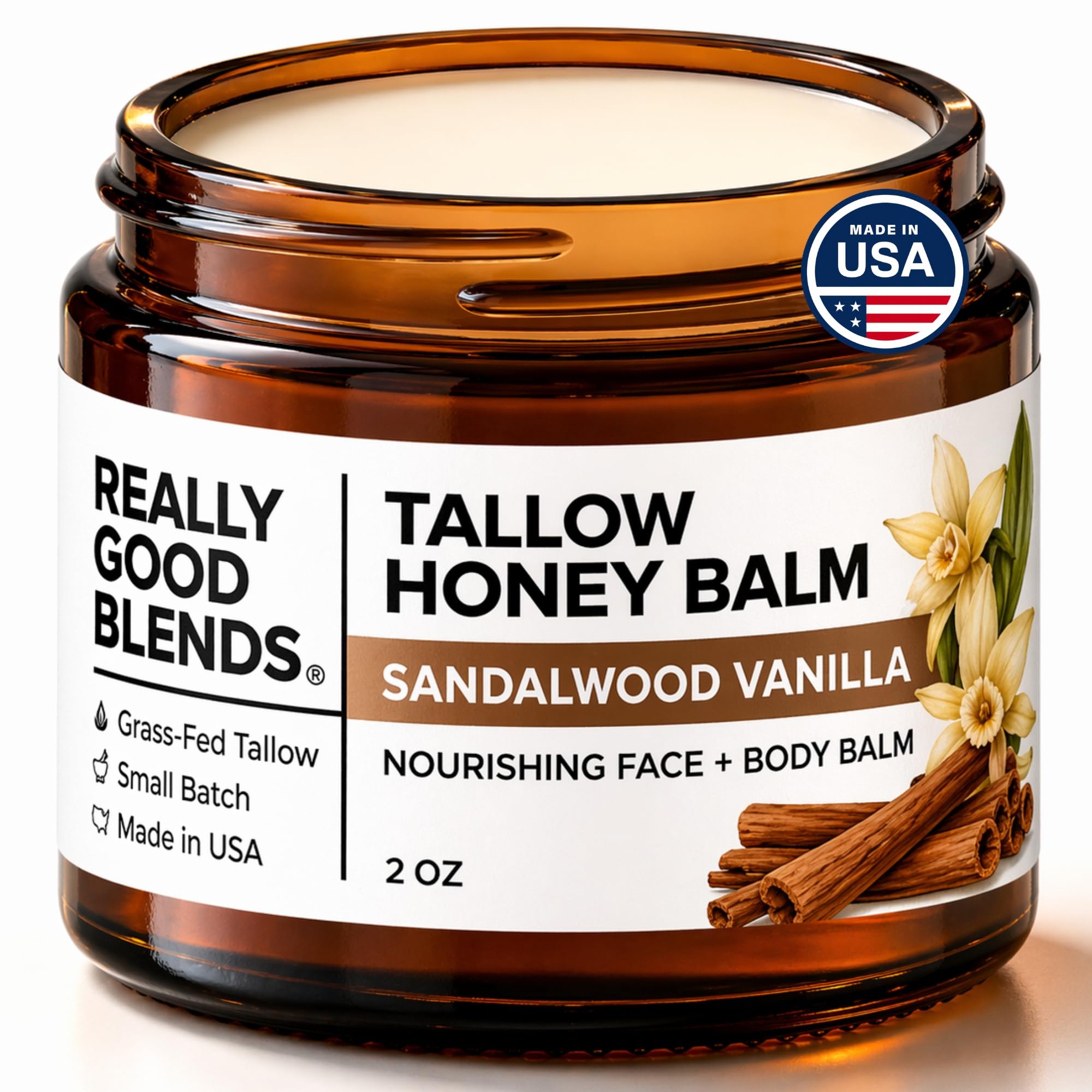 Really Good Blends jar front view showing sandalwood vanilla scent providing natural hydration