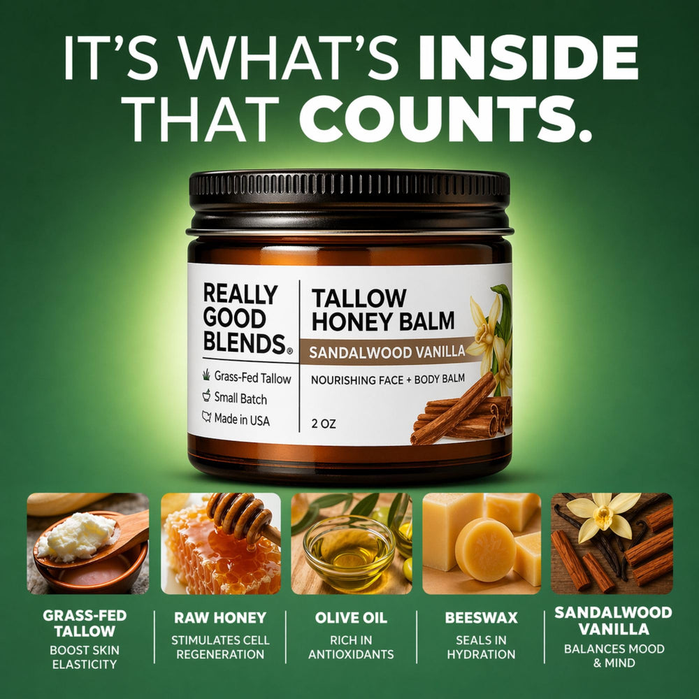 Really Good Blends ingredients laid out: grass-fed tallow, honey, beeswax to nourish skin