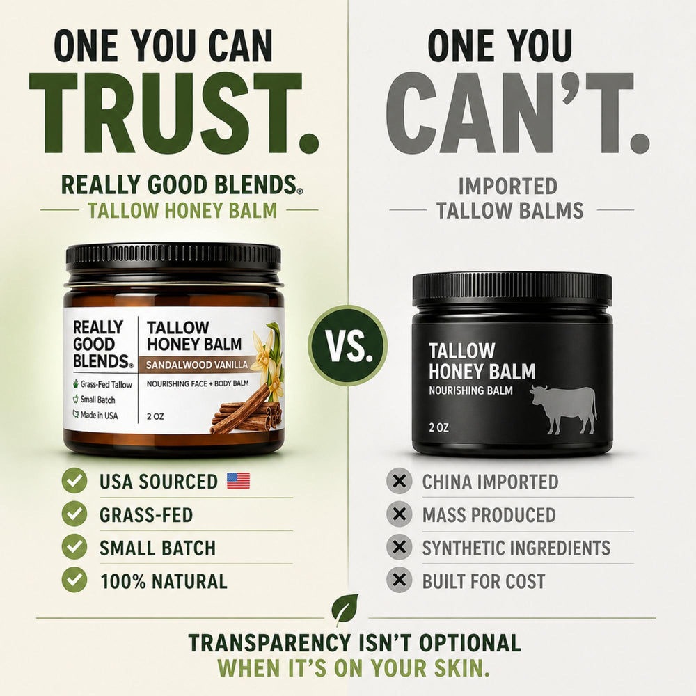 Really Good Blends label close-up showing organic ingredient list for ingredient transparency