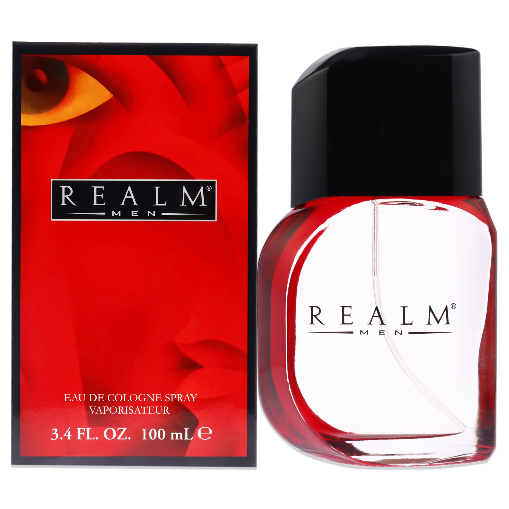 Realm bottle front packaging showing brand and red label for confident daytime scent